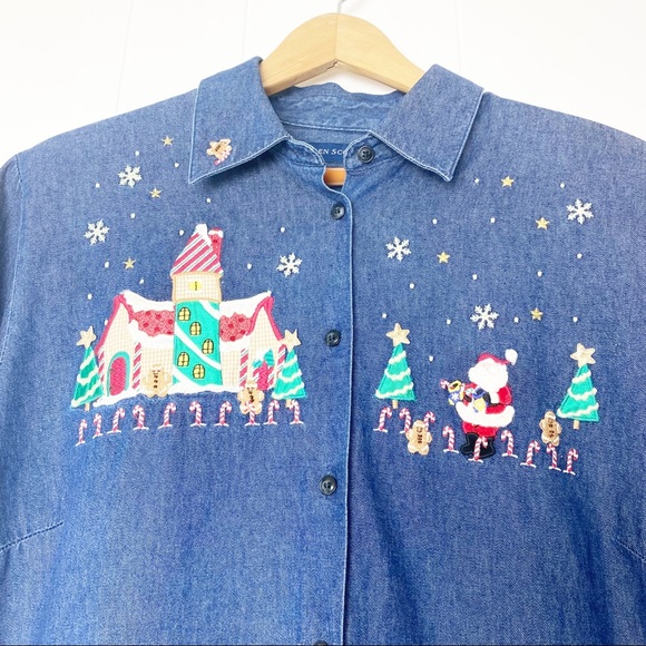 Karen Scott II Holiday Embellished Denim Button Up Shirt Women’s Size 1X - Picture 2 of 9